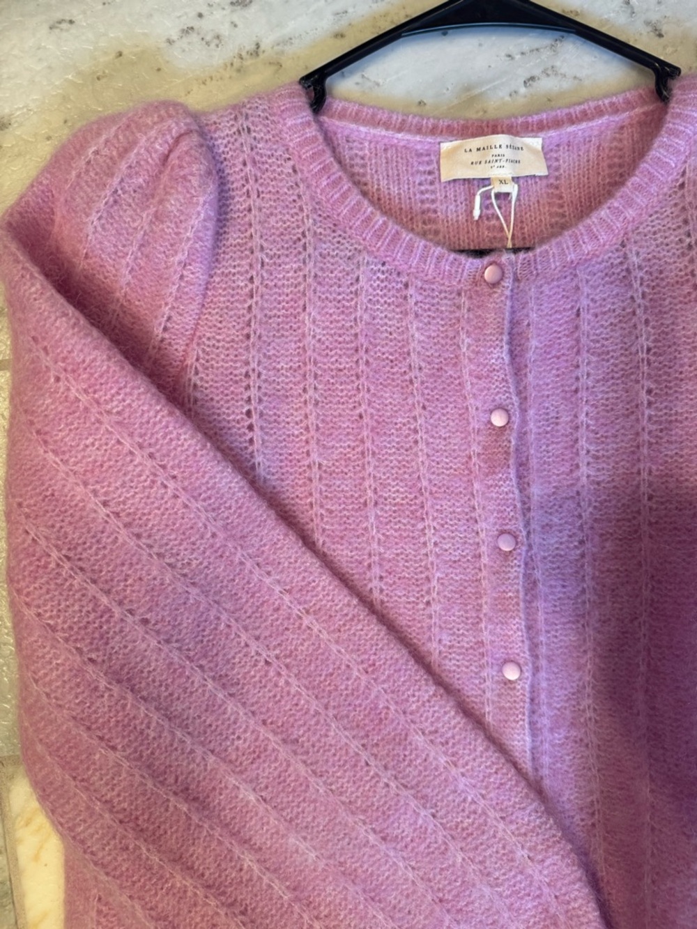 Sezane Lilac Puff-Sleeve Knit Cardigan - Picture 2 of 6